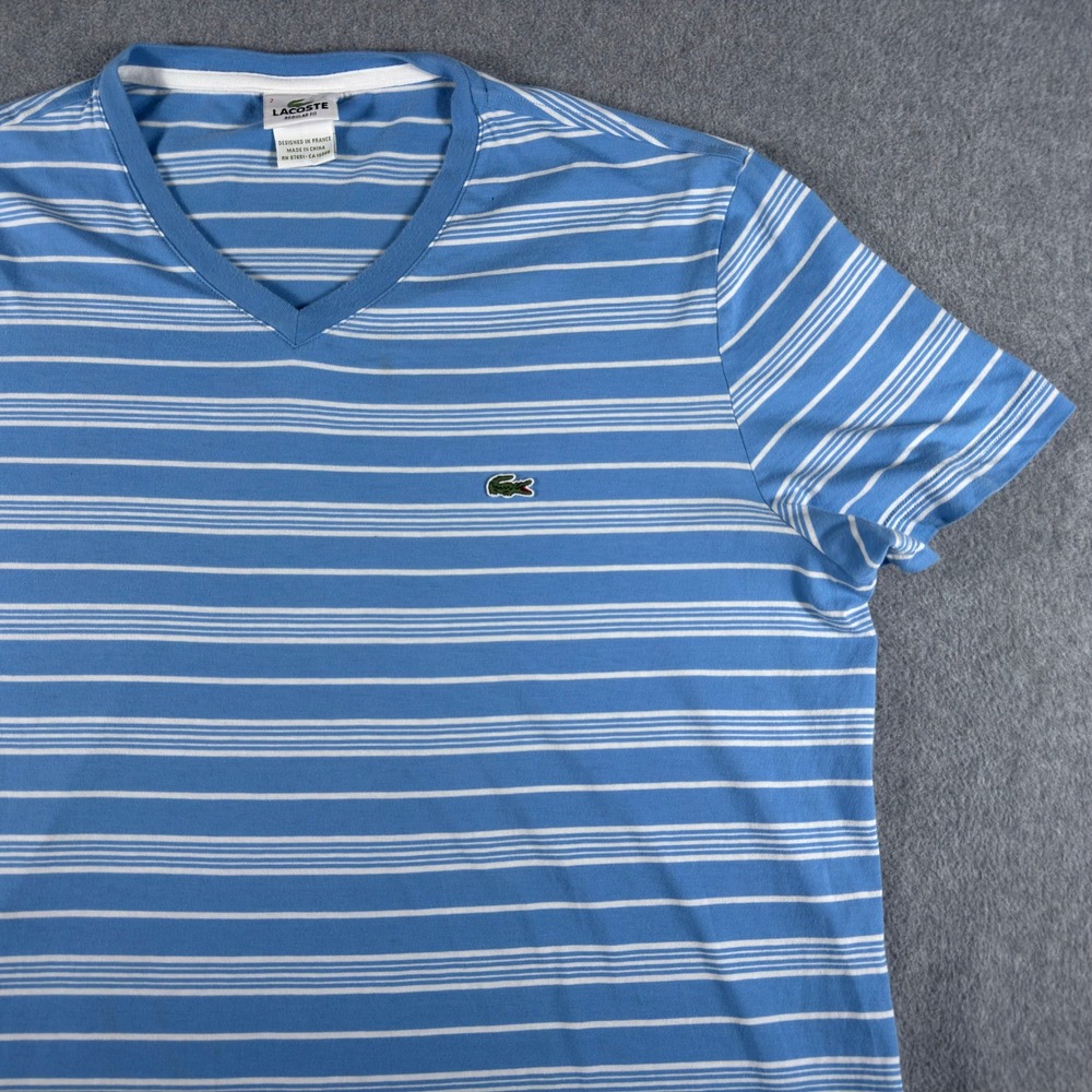 Lacoste Mens V-Neck Striped T-Shirt Blue Stripe 7 XXL Regular Fit
